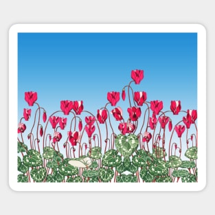 PINK FUCHSIA CYCLAMENS,GREEN LEAVES UNDER BLUE SKY Floral  Edit Magnet